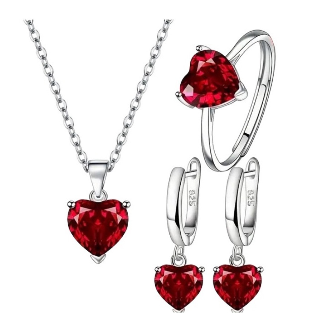 925 Stamped Sterling Silver Forever Yours Jewelry Set with Red Cubic Zirconia